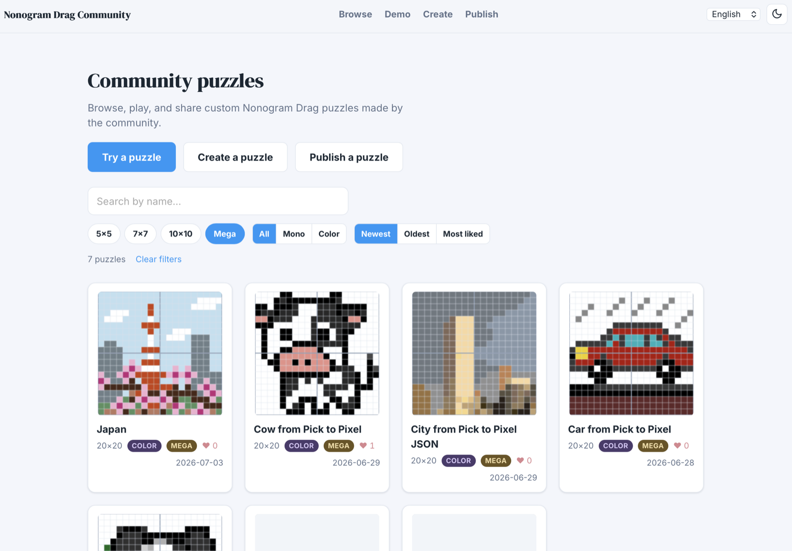 Nonogram Drag Community — browse and play custom puzzles made by the community