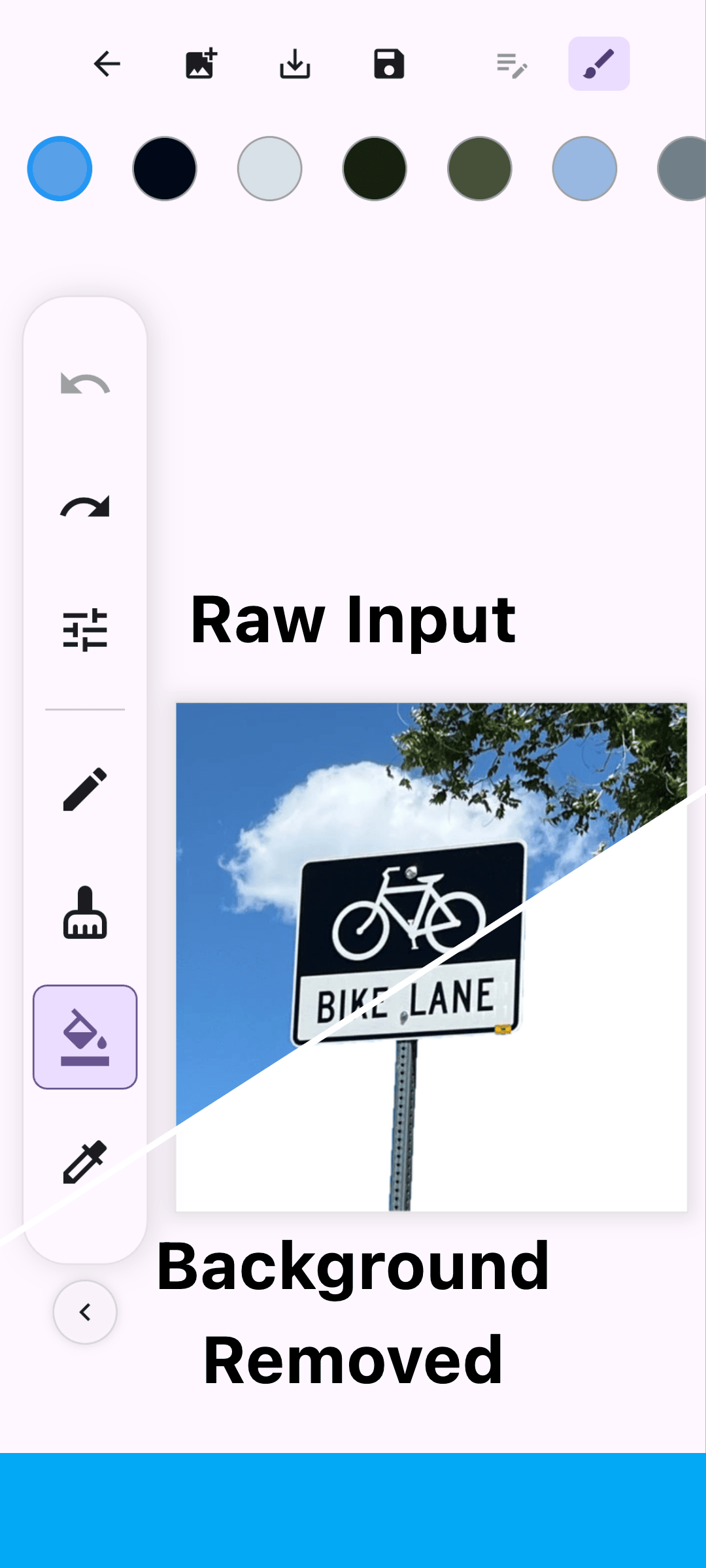 Pick-to-Draw 1.2 — one-tap background removal: a reference photo shown before with its sky background and after with the background removed to clean white